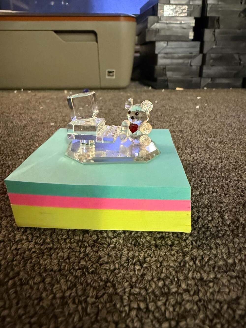 Crystal World Bear with Computer Figurine with Red Heart